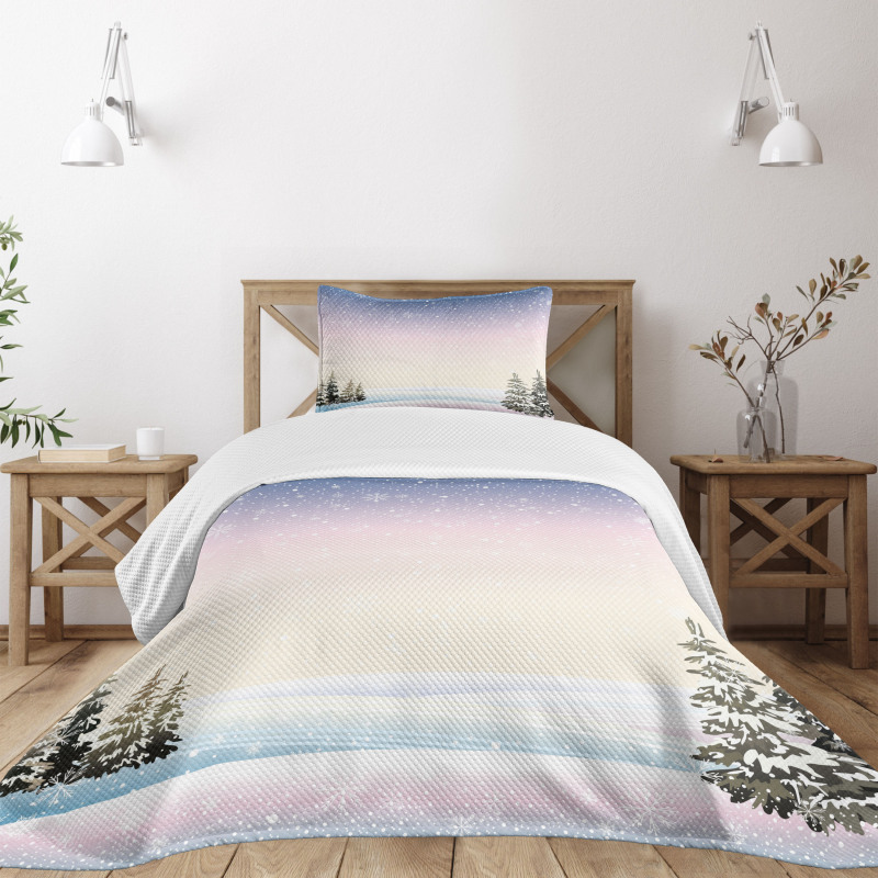 Snowfall and Pine Trees Bedspread Set