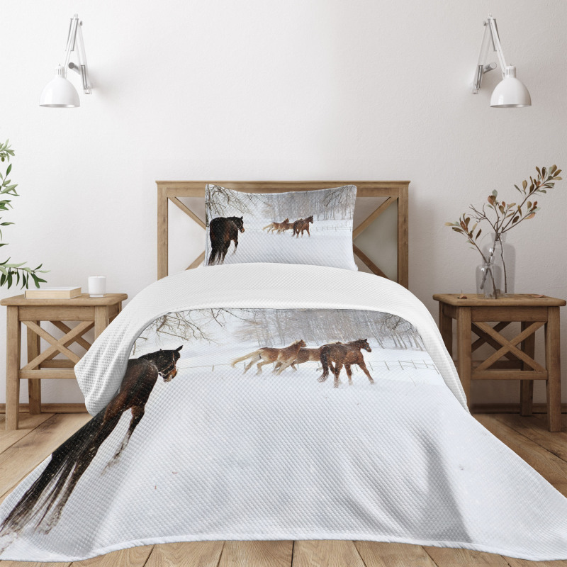 Horses in Snowy Forest Bedspread Set