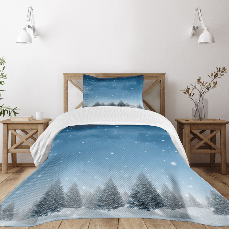 Xmas Blue Forest Trees Bedspread Set