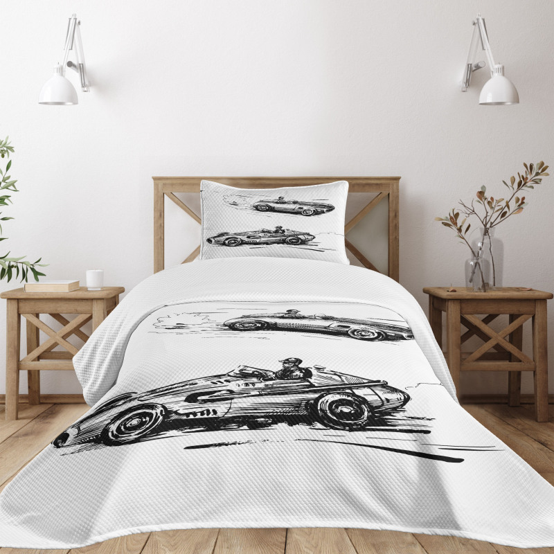 Racing Vehicles Sketch Bedspread Set
