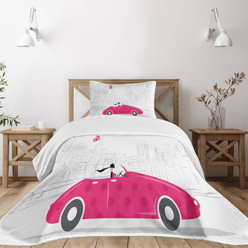 Woman Driving Vintage Car Bedspread Set