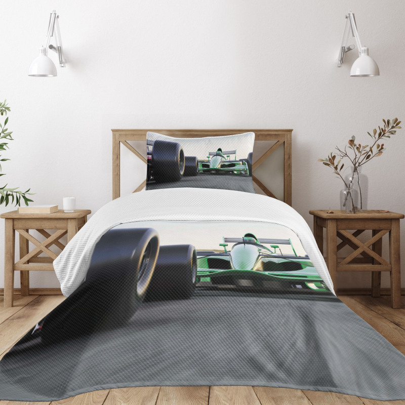 Indy Cars on Asphalt Road Bedspread Set
