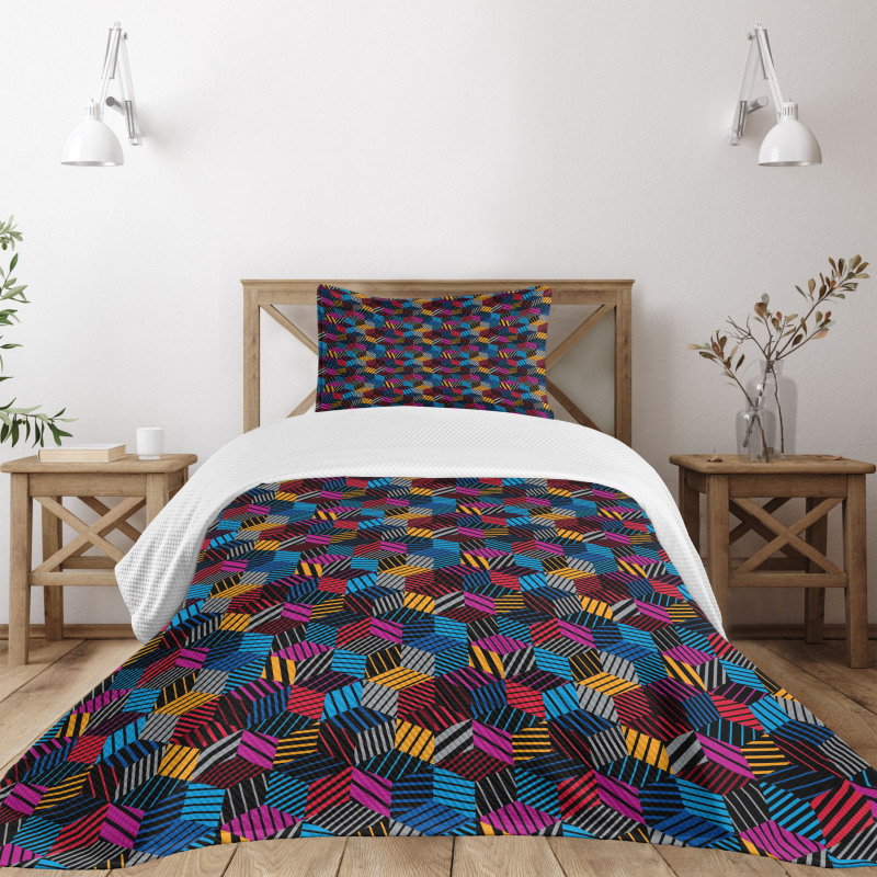 3D Cube Stripes Style Bedspread Set