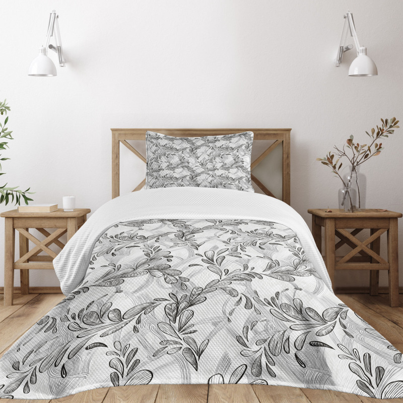 Monochrome Sketch Leaf Bedspread Set