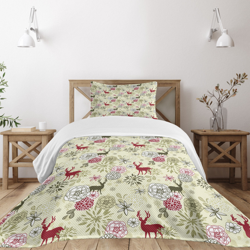 Deer Flowers Christmas Bedspread Set