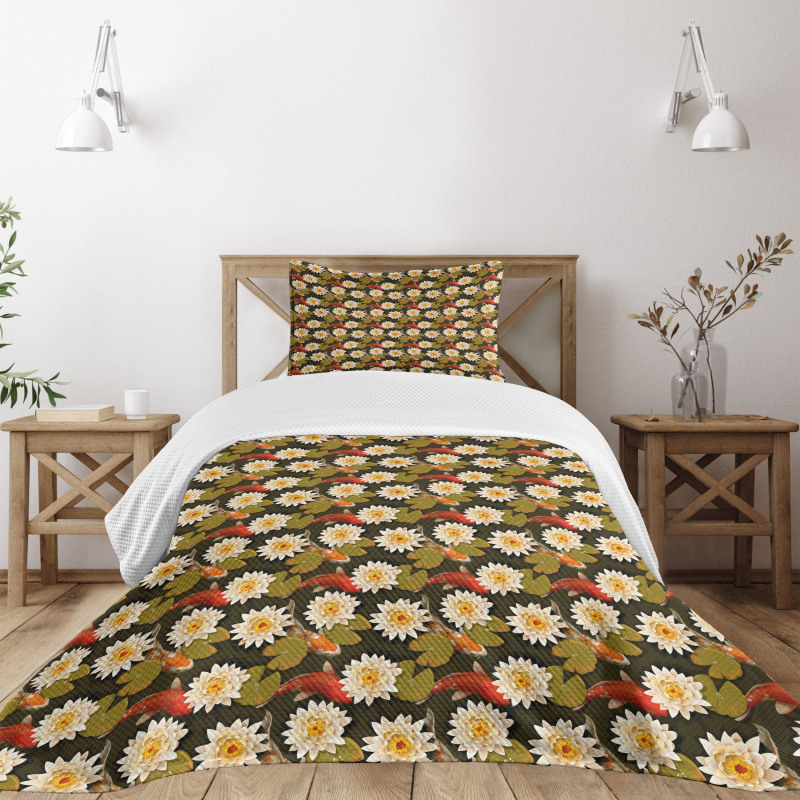 Japan Inspired Lotus Koi Bedspread Set