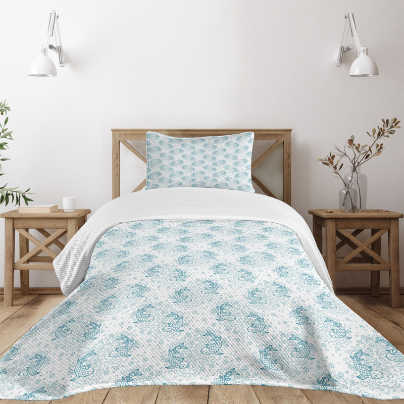 Koi Fishes Sketch Style Bedspread Set