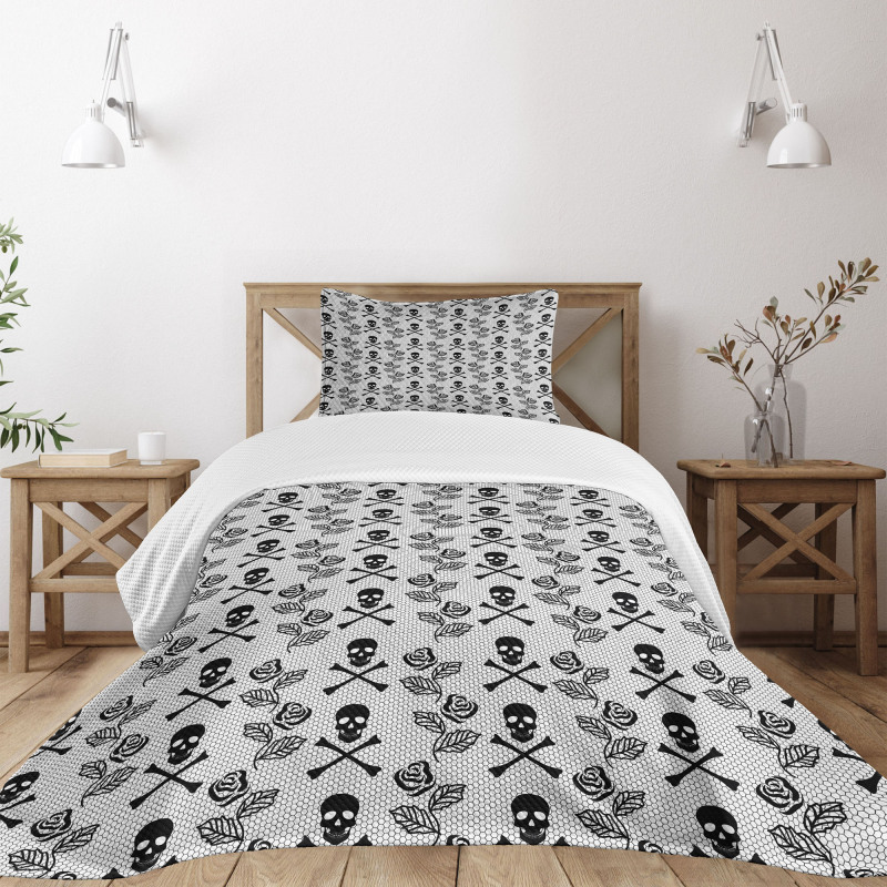 Lace Style Roses Skulls Bedspread Set