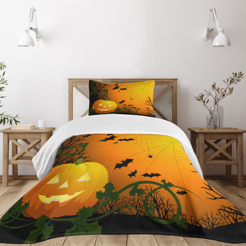 Pumpkin Leaves Bats Bedspread Set
