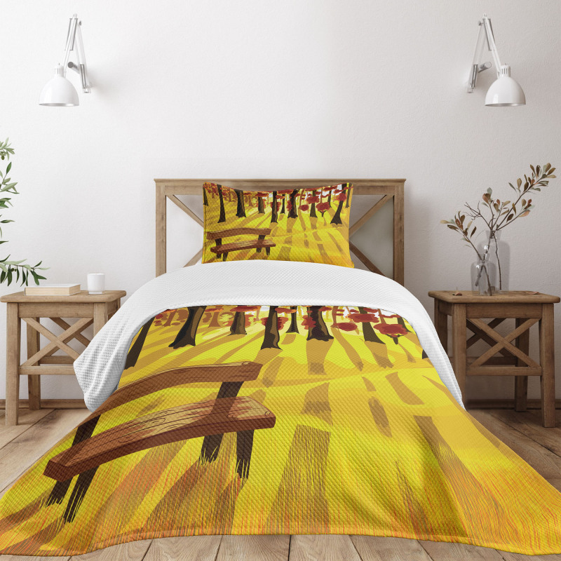 Cartoon Tree and Bench Bedspread Set