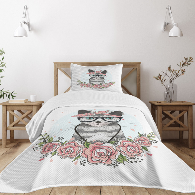 Hipster Cool Cat Portrait Bedspread Set