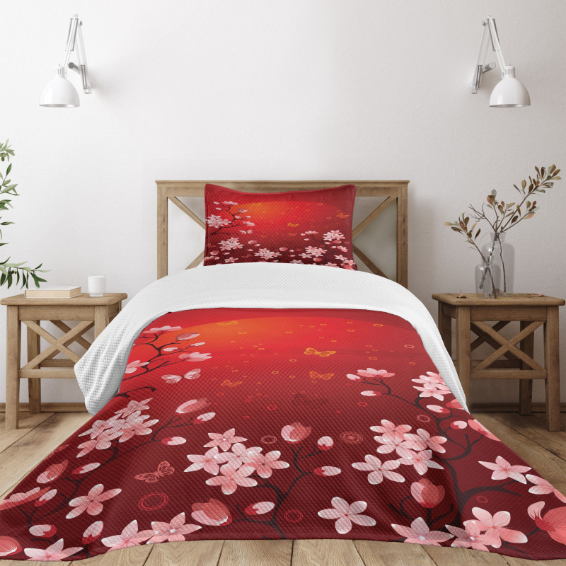 Abstract Sunset and Sakura Bedspread Set