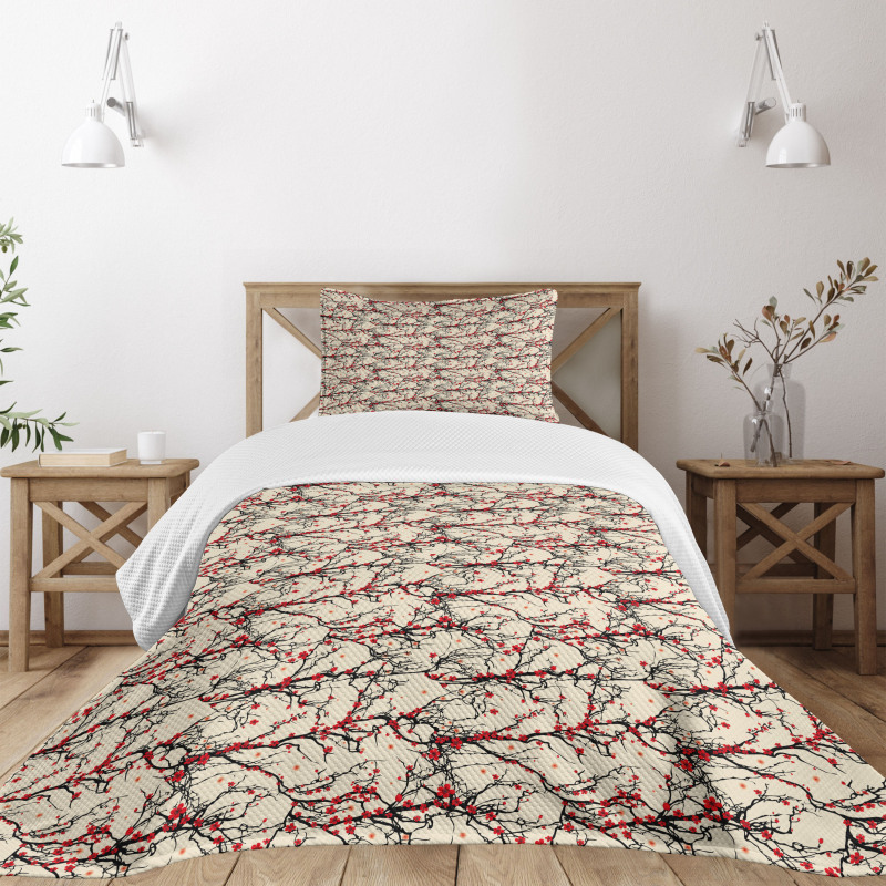 Red Flowers Tree Bedspread Set