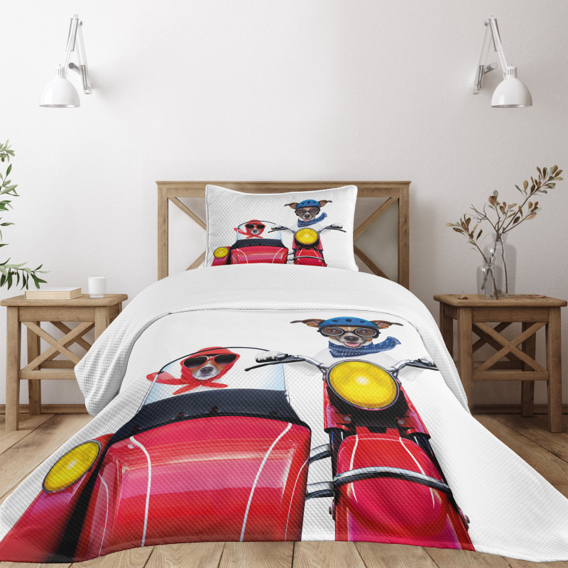 Funny Canine on Bike Bedspread Set