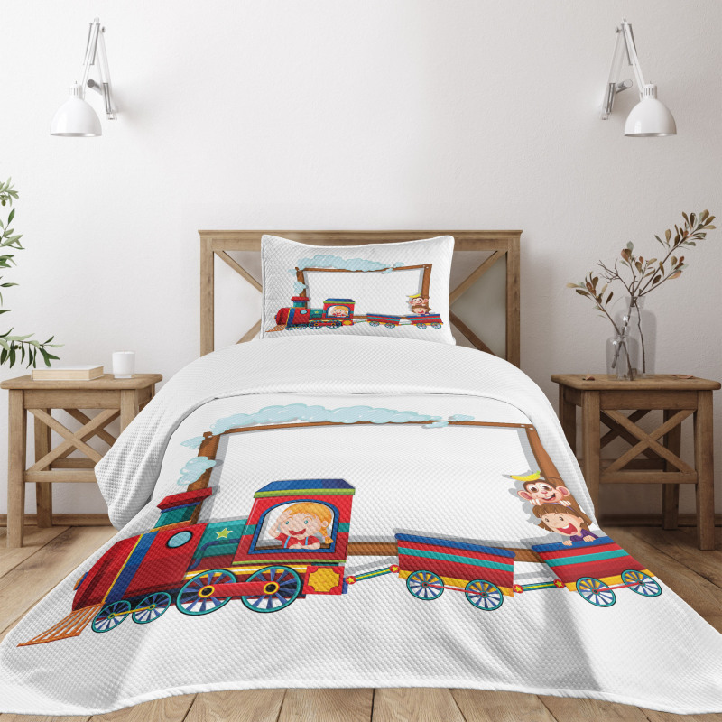 Children on Cartoon Train Bedspread Set