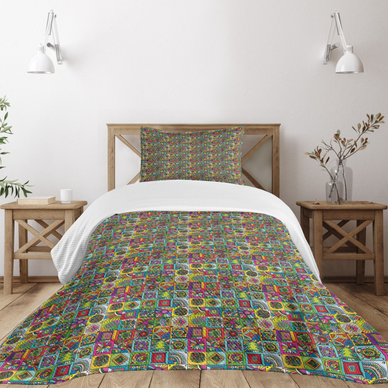 Grid Geometric Squares Bedspread Set