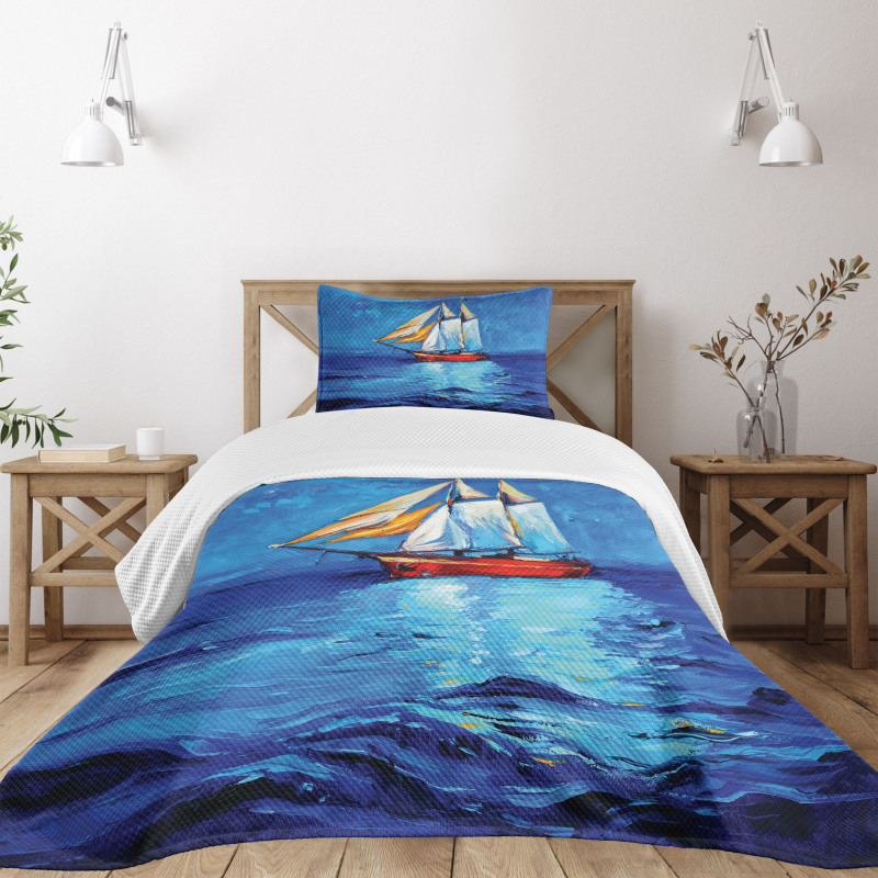 Oil Paint Style Sailship Bedspread Set