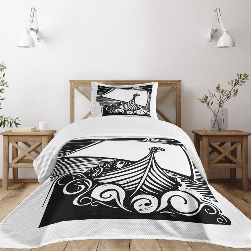Viking Longboat on Waves Bedspread Set