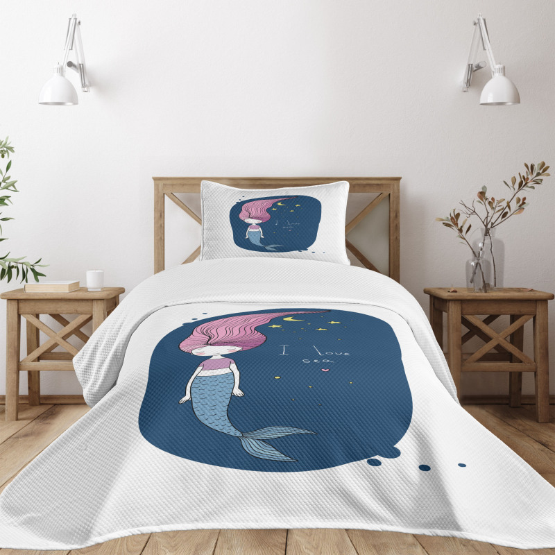 I Love Sea Cartoon Girl Bedspread Set