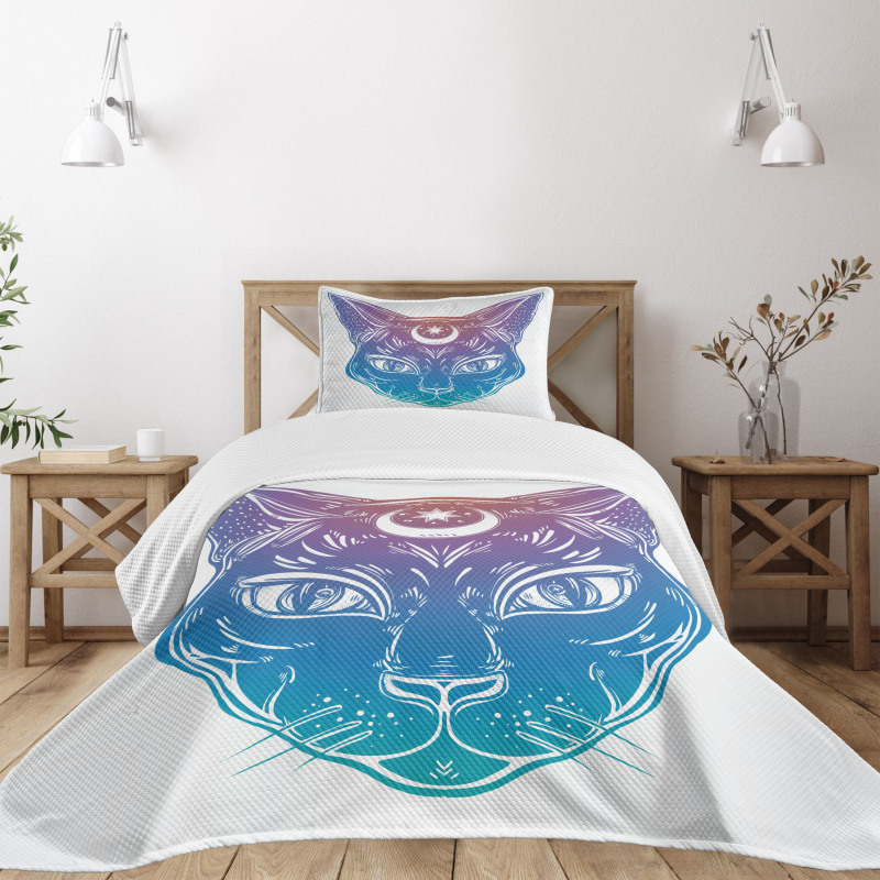 Cat Head Moon and Star Bedspread Set
