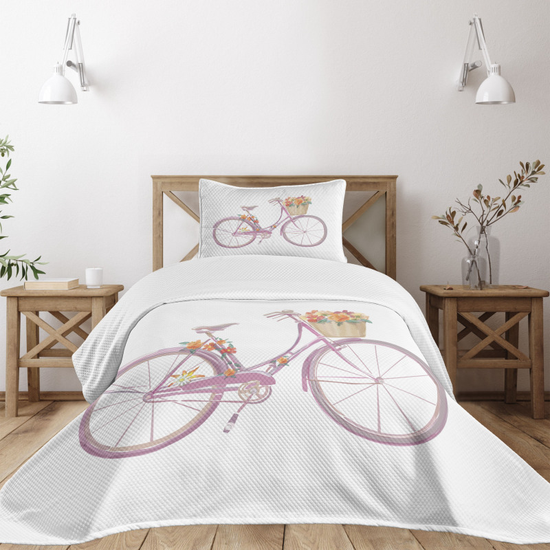 Pink Bike Flowers Art Bedspread Set