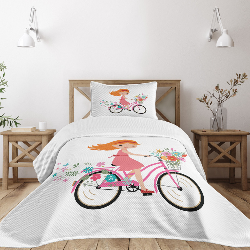 Happy Girl on Bike Flowers Bedspread Set