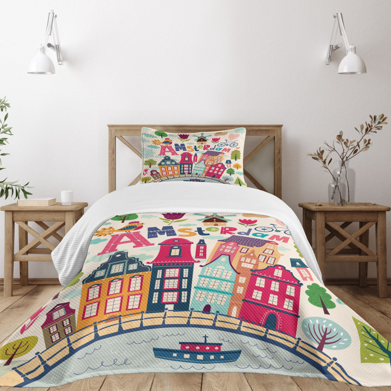 Cartoon Amsterdam Houses Bedspread Set