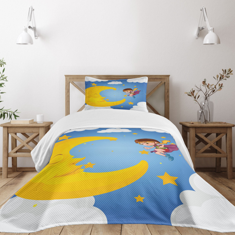 Cartoon Girl Flying Bedspread Set