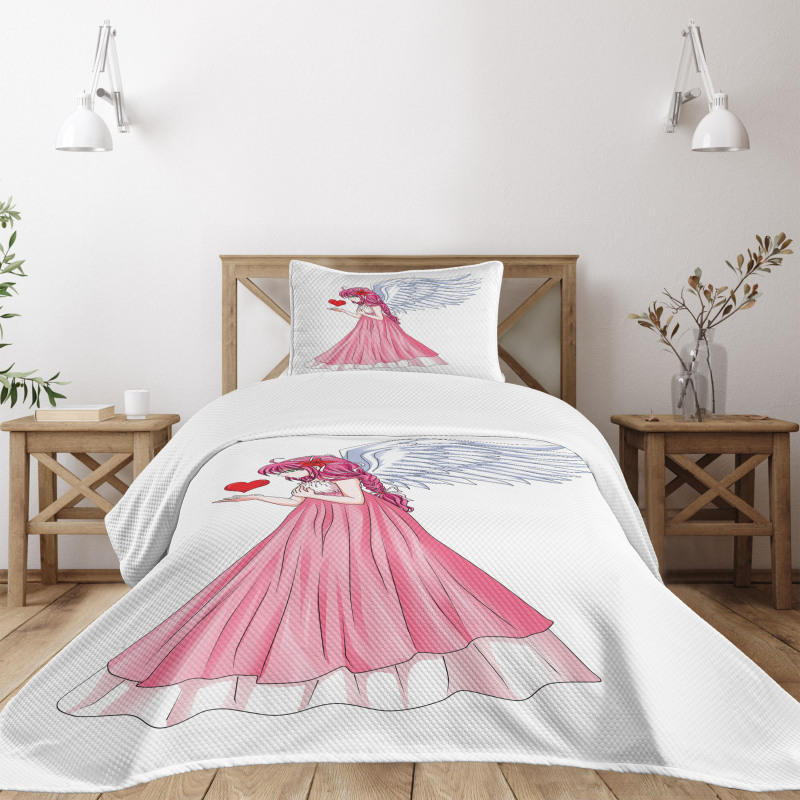 Angel Holding a Red Heart Bedspread Set