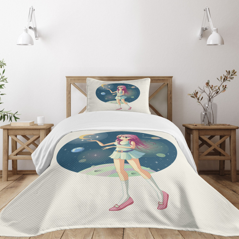 Girl with Stars in Space Bedspread Set