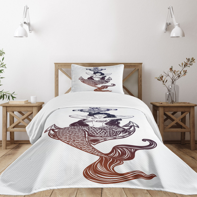Monochrome Mermaid Motif Bedspread Set