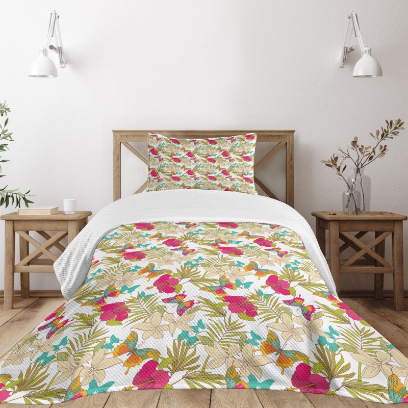 Tropical Flowers Leaves Bedspread Set