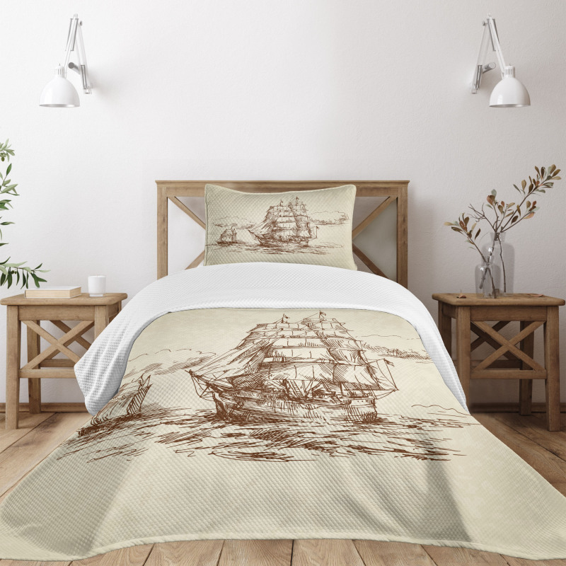 Old Ship Sketch Bedspread Set