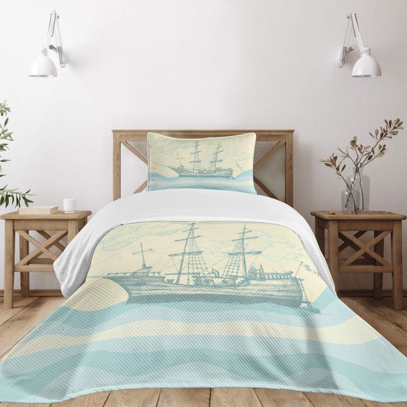 Ship Waves Clouds Bedspread Set