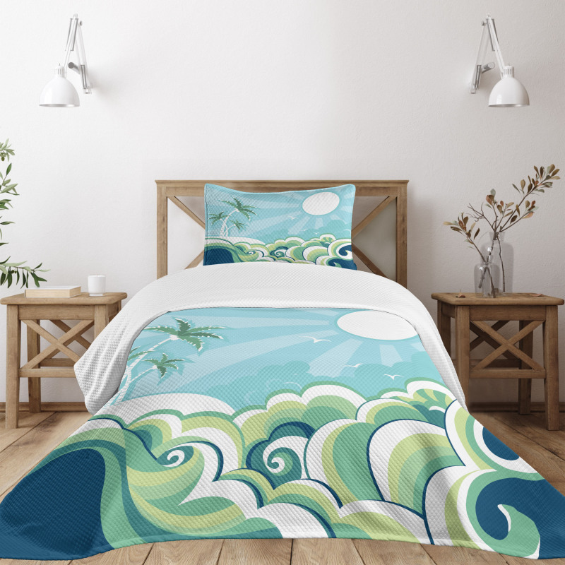 Wavy Sea Palm Trees Bedspread Set