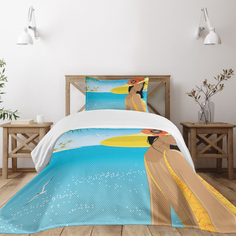 Young Woman Tropical Sea Bedspread Set