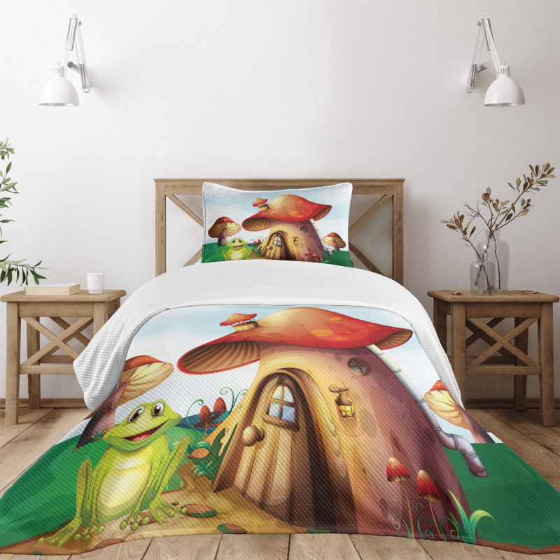 Cartoon Mushroom Houses Bedspread Set