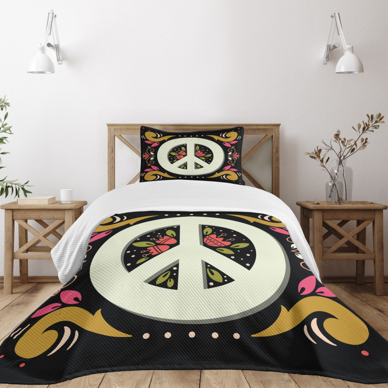 Peace Sign with Flowers Bedspread Set