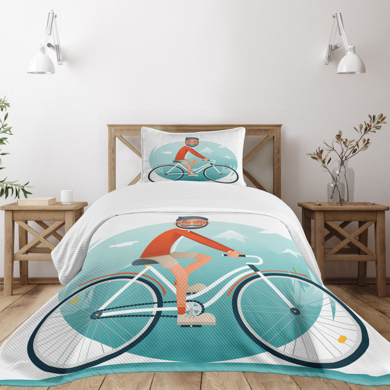 Hipster Guy Riding Bicycle Bedspread Set