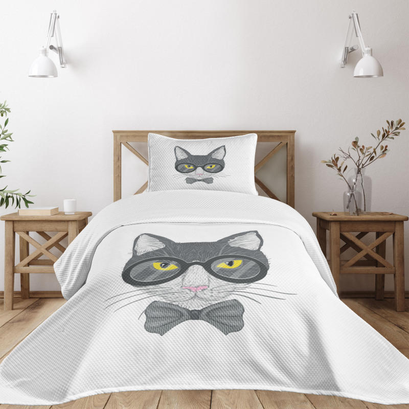 Greyscale Cat with Bowtie Bedspread Set