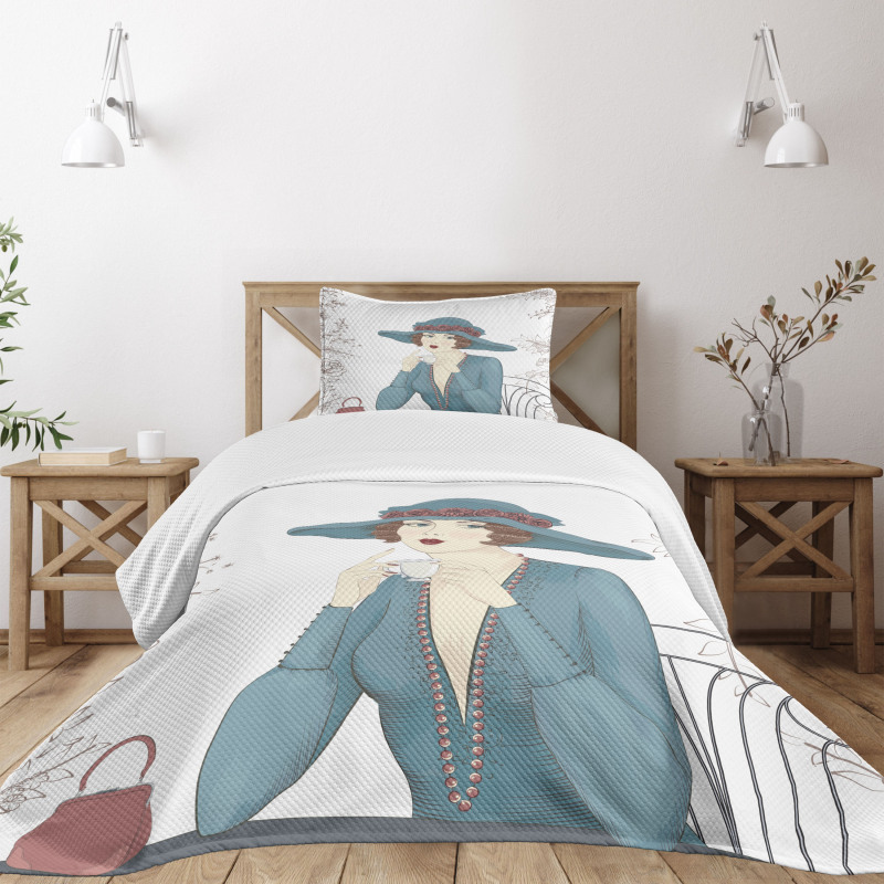 Woman at Cafe Bedspread Set