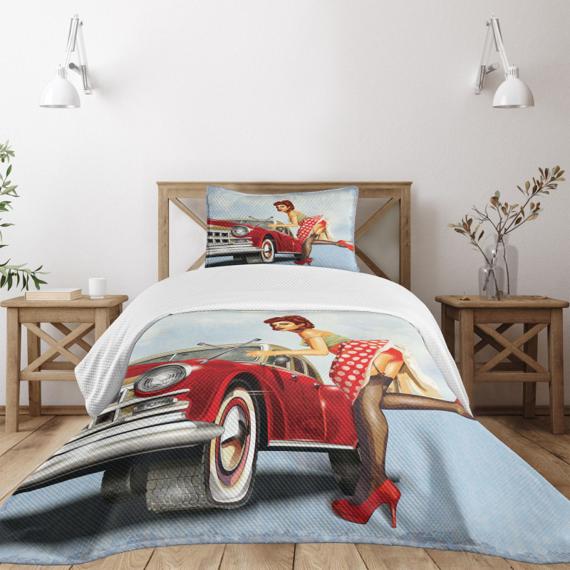 Lady Fixing the Car Bedspread Set