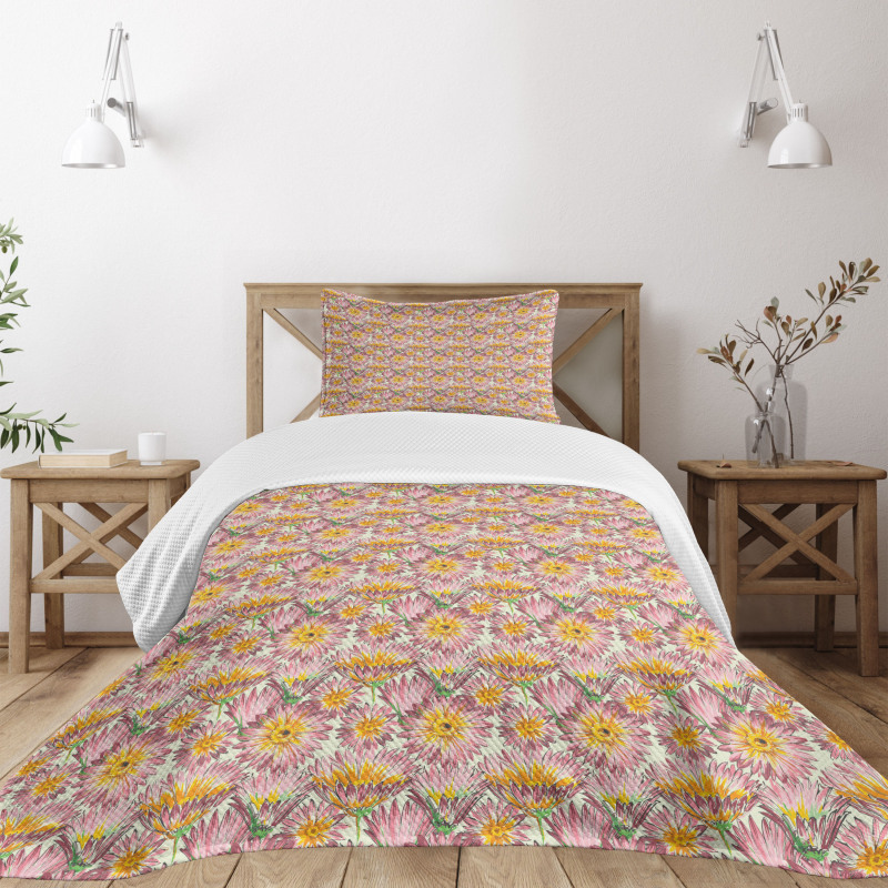 Retro Doodle Flowers Bedspread Set