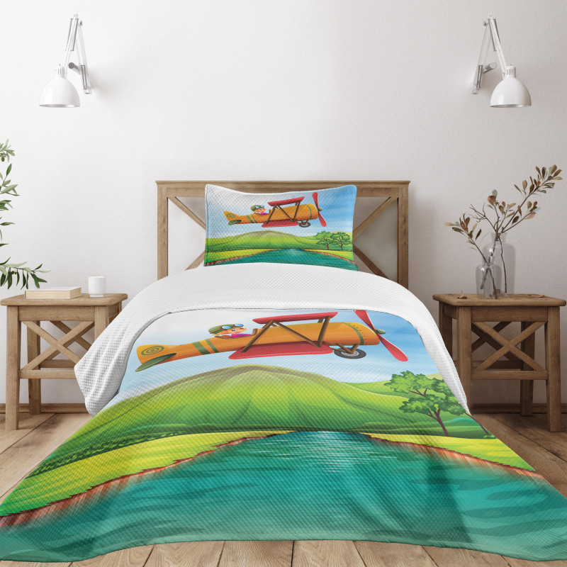 Kid on a Biplane River Bedspread Set
