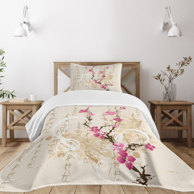 Letters Sakura Flowers Bedspread Set