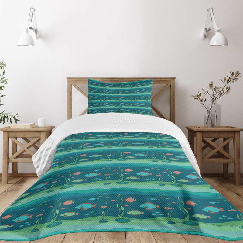 Cartoon Ocean Composition Bedspread Set