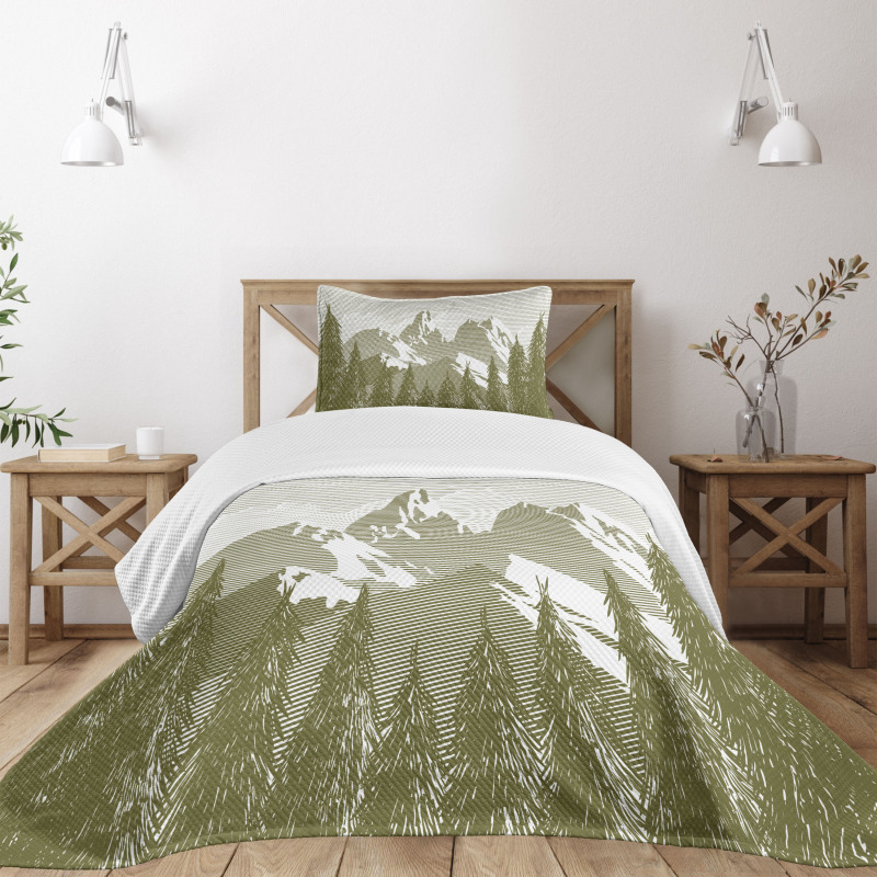 Woodcut Style Mountain Land Bedspread Set