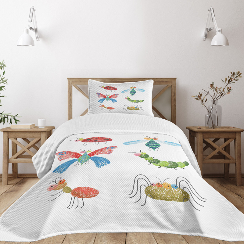 Hand Drawn Bug Pattern Bedspread Set