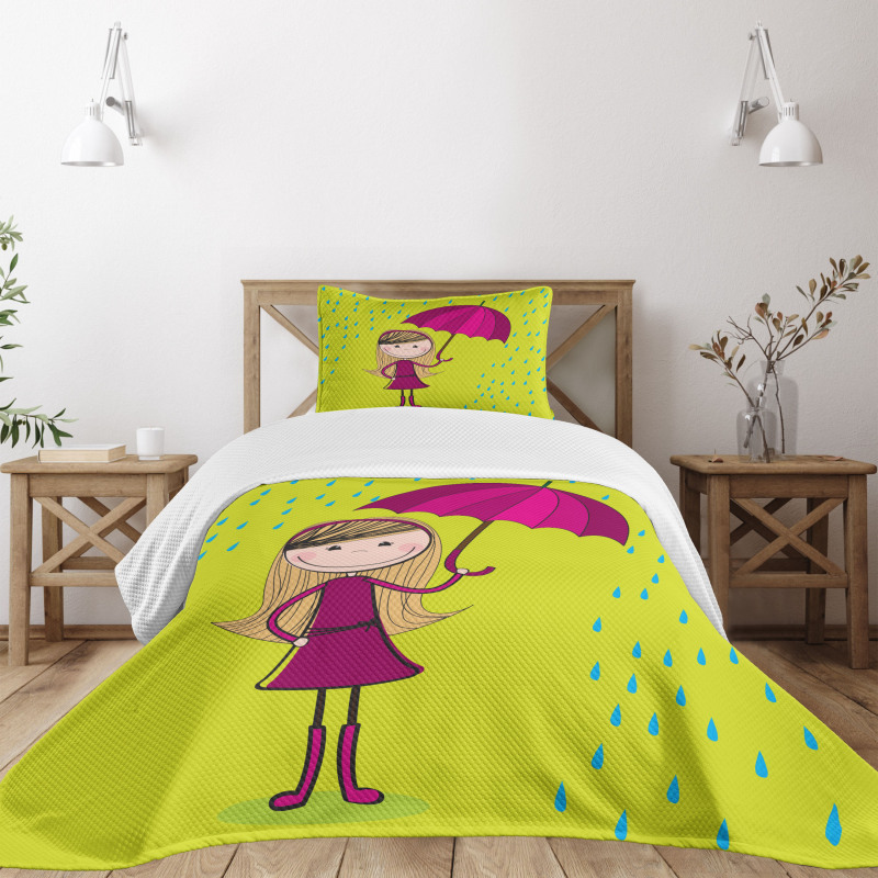 Little Girl Under Raindrop Bedspread Set