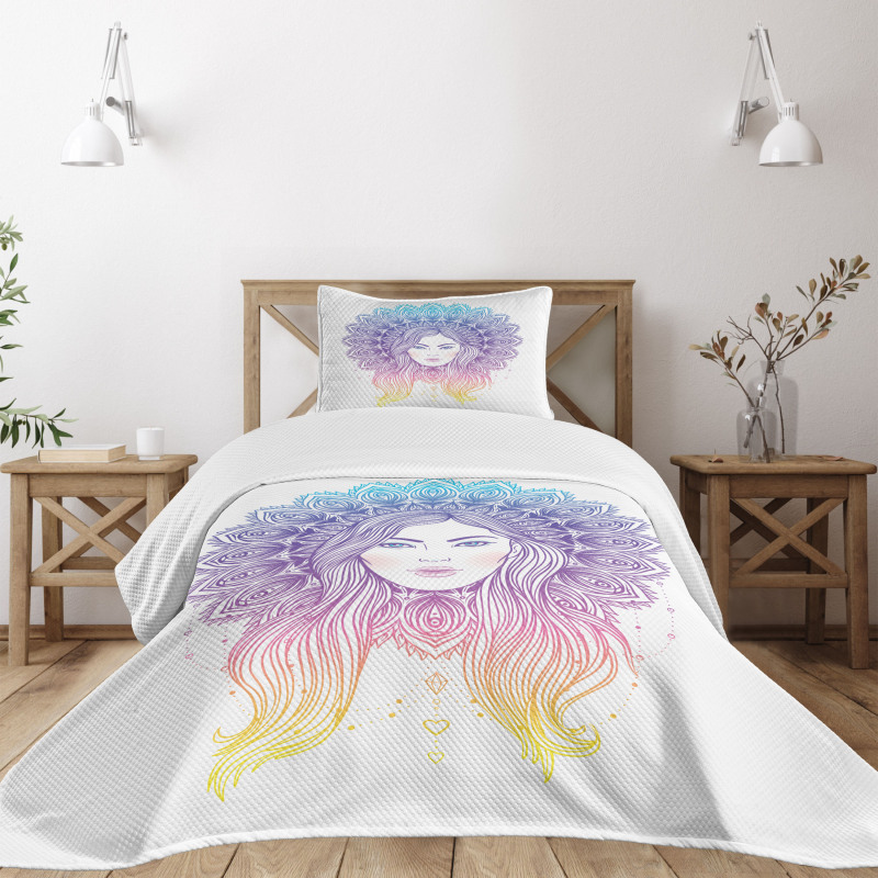 Boho Girl Feather Mandala Bedspread Set